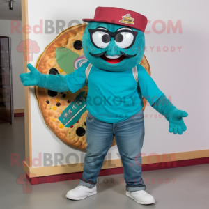 Teal Pizza mascot costume character dressed with a Boyfriend Jeans and Eyeglasses