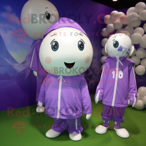 Lavender Soccer Ball mascot costume character dressed with a Raincoat and Cummerbunds