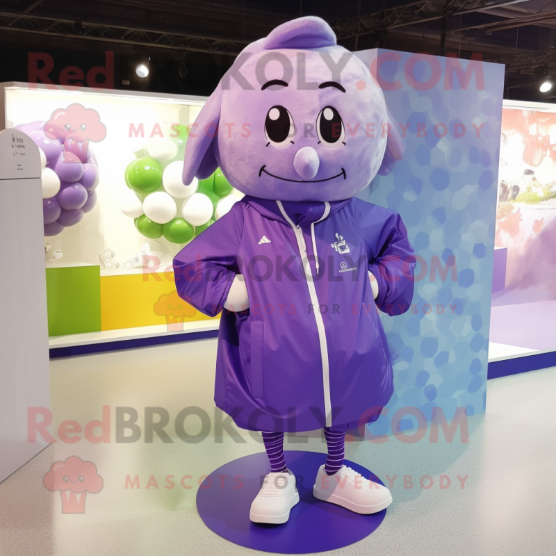 Lavender Soccer Ball mascot costume character dressed with a Raincoat and Cummerbunds