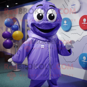 Lavender Soccer Ball mascot costume character dressed with a Raincoat and Cummerbunds