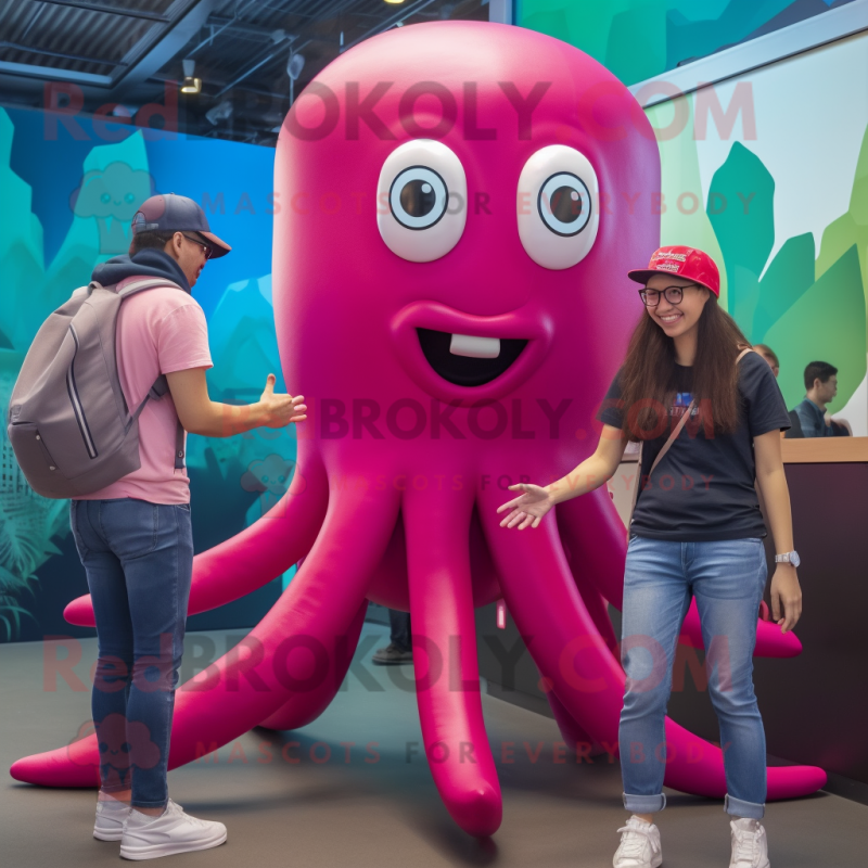 Magenta Squid mascot costume character dressed with a Boyfriend Jeans and Headbands Magenta Squid mascot costume character dressed with a Boyfriend Jeans and Headbands