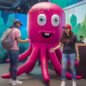 Magenta Squid mascot costume character dressed with a Boyfriend Jeans and Headbands