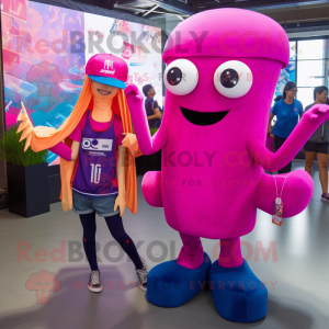 Magenta Squid mascot costume character dressed with a Boyfriend Jeans and Headbands