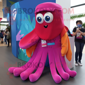 Magenta Squid mascot costume character dressed with a Boyfriend Jeans and Headbands