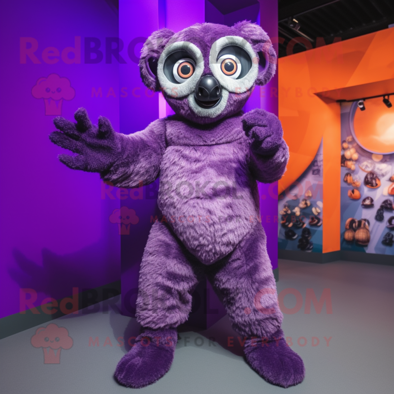 Purple Lemur mascot costume character dressed with a Romper and Gloves Purple Lemur mascot costume character dressed with a Romper and Gloves