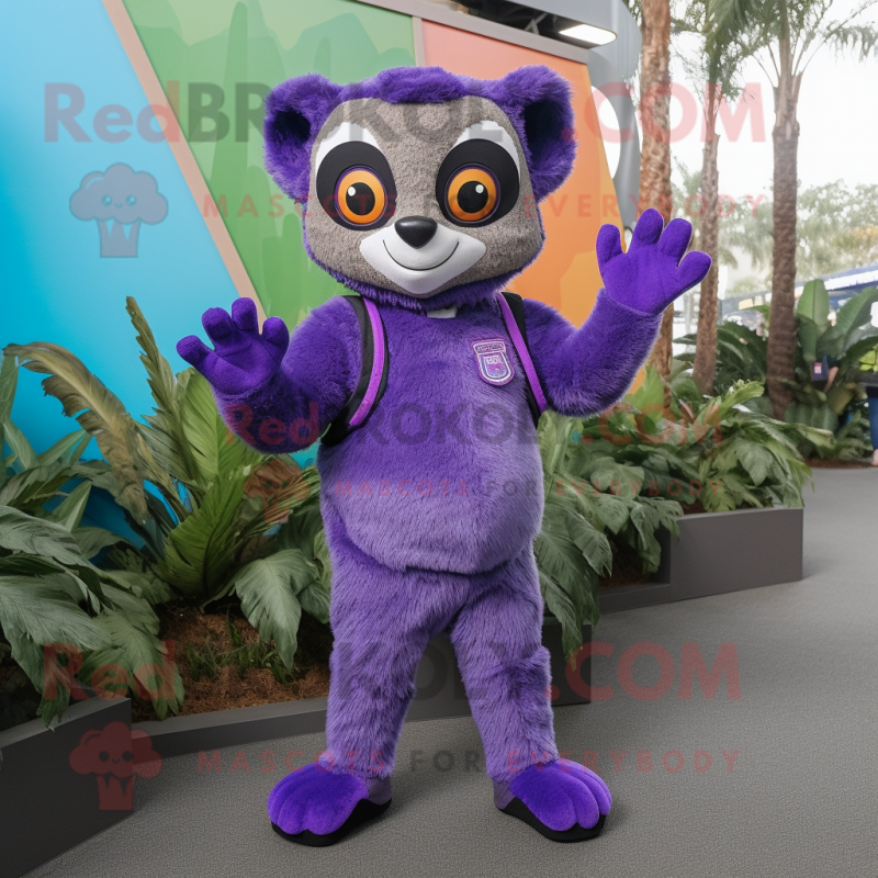 Purple Lemur mascot costume character dressed with a Romper and Gloves Purple Lemur mascot costume character dressed with a Romper and Gloves