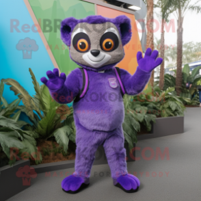 Purple Lemur mascot costume character dressed with a Romper and Gloves