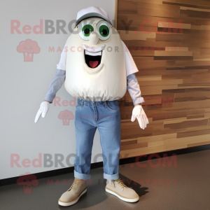 White Eggplant mascot costume character dressed with a Chambray Shirt and Shoe clips