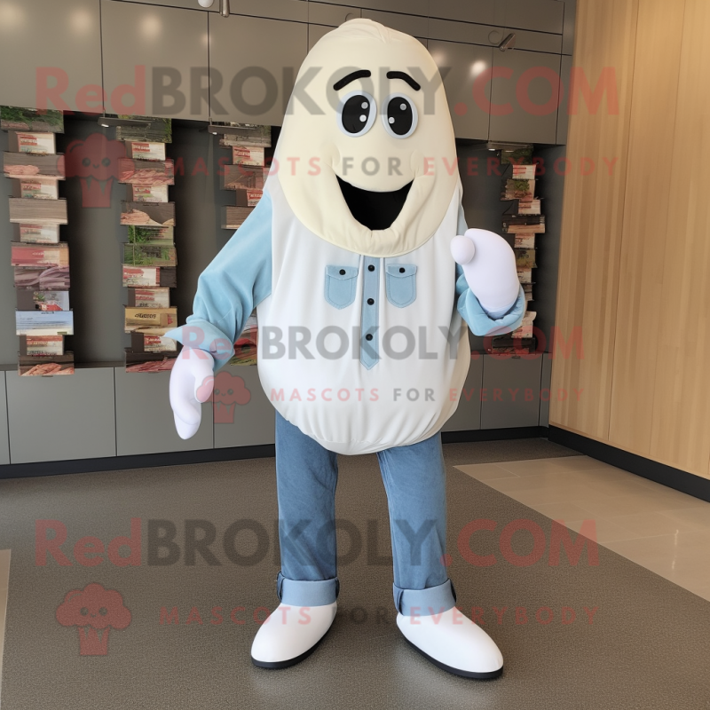White Eggplant mascot costume character dressed with a Chambray Shirt and Shoe clips White Eggplant mascot costume character dressed with a Chambray Shirt and Shoe clips