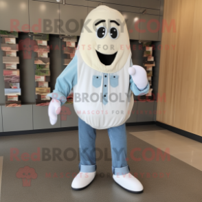 White Eggplant mascot costume character dressed with a Chambray Shirt and Shoe clips