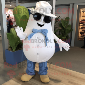 White Eggplant mascot costume character dressed with a Chambray Shirt and Shoe clips