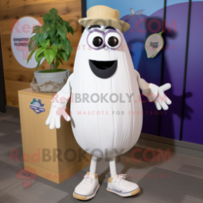 White Eggplant mascot costume character dressed with a Chambray Shirt and Shoe clips