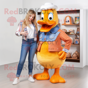 Orange Muscovy Duck mascot costume character dressed with a Mom Jeans and Hairpins