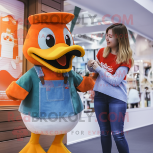 Orange Muscovy Duck mascot costume character dressed with a Mom Jeans and Hairpins