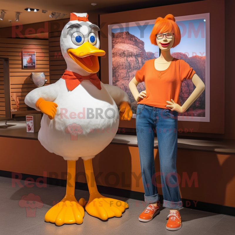 Orange Muscovy Duck mascot costume character dressed with a Mom Jeans and Hairpins Orange Muscovy Duck mascot costume character dressed with a Mom Jeans and Hairpins