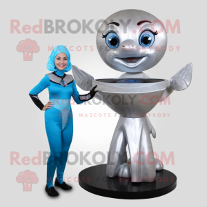 Silver Plate Spinner mascot costume character dressed with a Turtleneck and Hair clips