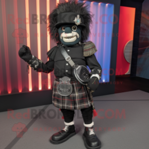 Black Bagpipe mascot costume character dressed with a Moto Jacket and Tie pins