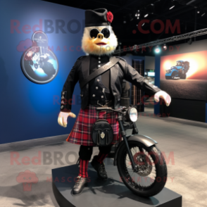 Black Bagpipe mascot costume character dressed with a Moto Jacket and Tie pins