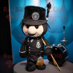 Black Bagpipe mascot costume character dressed with a Moto Jacket and Tie pins