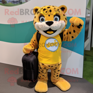 Yellow Jaguar mascot costume character dressed with a Board Shorts and Messenger bags