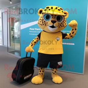 Yellow Jaguar mascot costume character dressed with a Board Shorts and Messenger bags