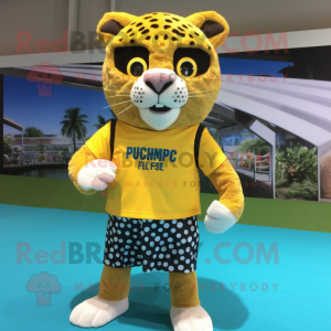 Yellow Jaguar mascot costume character dressed with a Board Shorts and Messenger bags