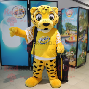 Yellow Jaguar mascot costume character dressed with a Board Shorts and Messenger bags