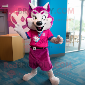 Magenta Say Wolf mascot costume character dressed with a Bermuda Shorts and Bow ties