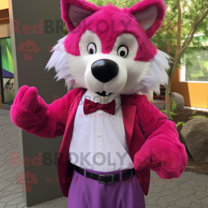 Magenta Say Wolf mascot costume character dressed with a Bermuda Shorts and Bow ties