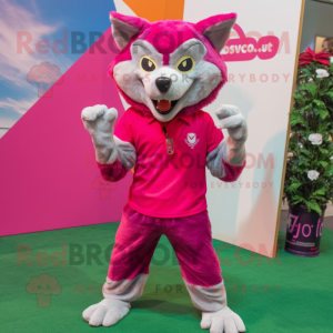 Magenta Say Wolf mascot costume character dressed with a Bermuda Shorts and Bow ties