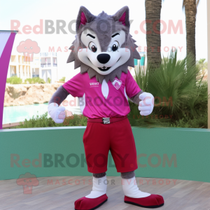 Magenta Say Wolf mascot costume character dressed with a Bermuda Shorts and Bow ties