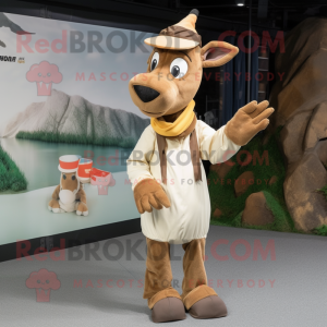 Beige Okapi mascot costume character dressed with a Raincoat and Beanies