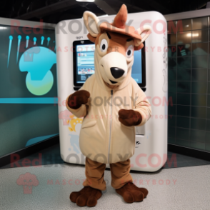 Beige Okapi mascot costume character dressed with a Raincoat and Beanies