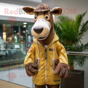 Beige Okapi mascot costume character dressed with a Raincoat and Beanies