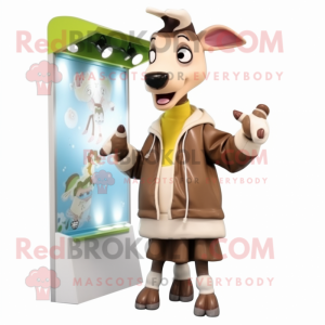 Beige Okapi mascot costume character dressed with a Raincoat and Beanies