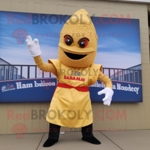 Gold Jambalaya mascot costume character dressed with a Long Sleeve Tee and Gloves