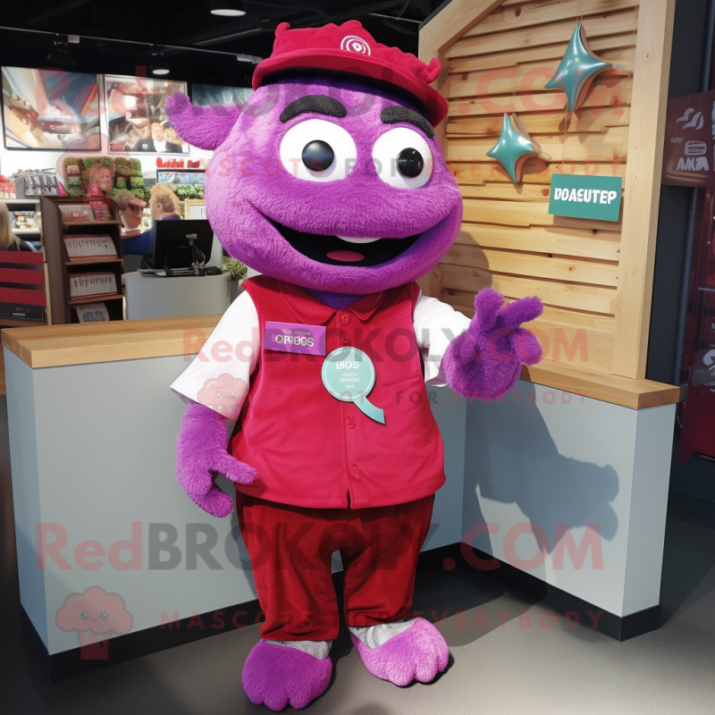 Magenta Plum mascot costume character dressed with a Oxford Shirt and Bracelets