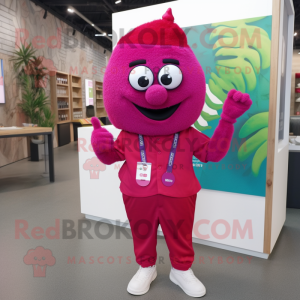 Magenta Plum mascot costume character dressed with a Oxford Shirt and Bracelets
