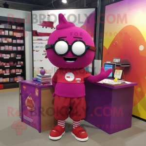 Magenta Plum mascot costume character dressed with a Oxford Shirt and Bracelets