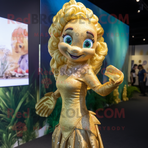 Gold Mermaid mascot costume character dressed with a Mini Dress and Ties