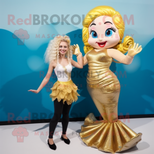 Gold Mermaid mascot costume character dressed with a Mini Dress and Ties