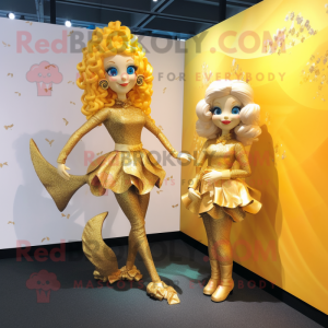 Gold Mermaid mascot costume character dressed with a Mini Dress and Ties