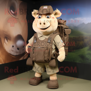 Tan Sow mascot costume character dressed with a Cargo Pants and Backpacks