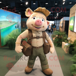 Tan Sow mascot costume character dressed with a Cargo Pants and Backpacks