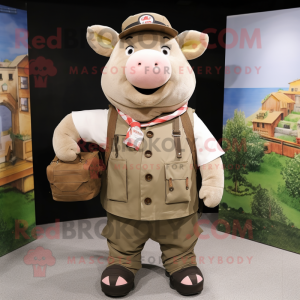 Tan Sow mascot costume character dressed with a Cargo Pants and Backpacks