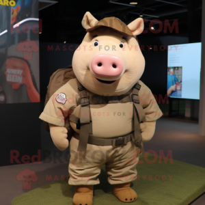 Tan Sow mascot costume character dressed with a Cargo Pants and Backpacks