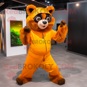 Orange Spectacled Bear mascot costume character dressed with a Jumpsuit and Headbands
