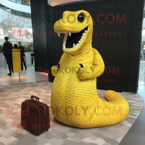 Yellow Titanoboa mascot costume character dressed with a Suit and Clutch bags