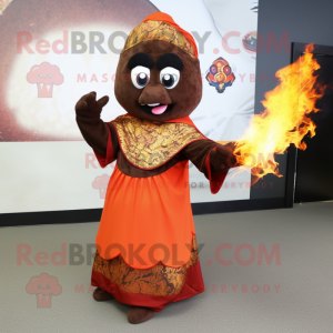 Brown Fire Eater mascot costume character dressed with a Dress and Shawls