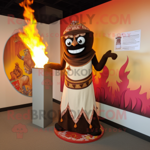 Brown Fire Eater mascot costume character dressed with a Dress and Shawls